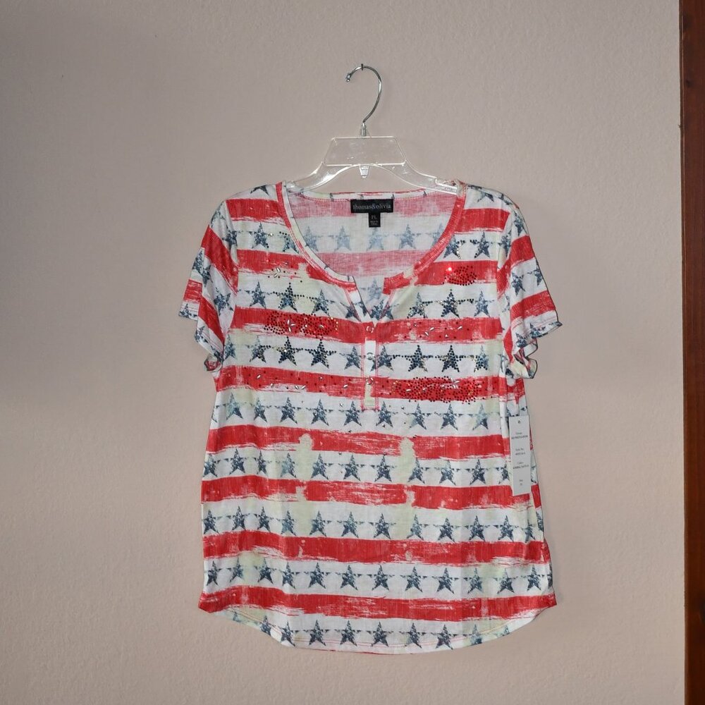 Thomas & Olivia Petites Red White & Blue Patriotic Stars Stripes Knit Top Sz PL